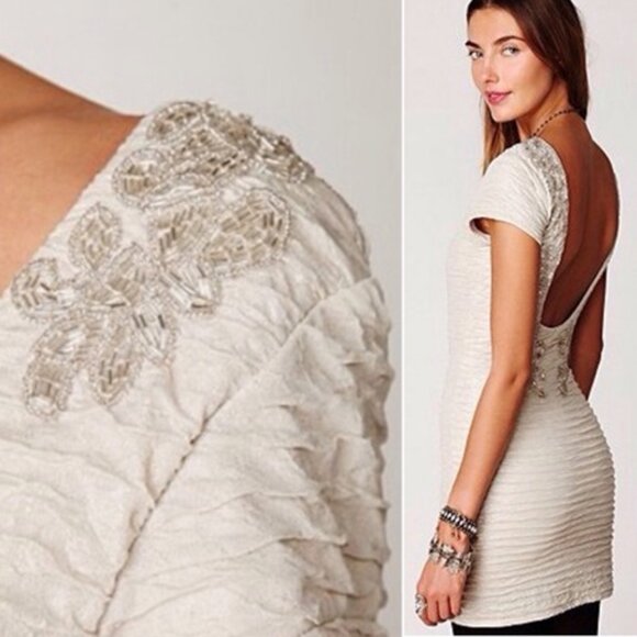 Free People Bringing Sexy Back Shimmering Champagne Beaded Mini Dress - Picture 1 of 12